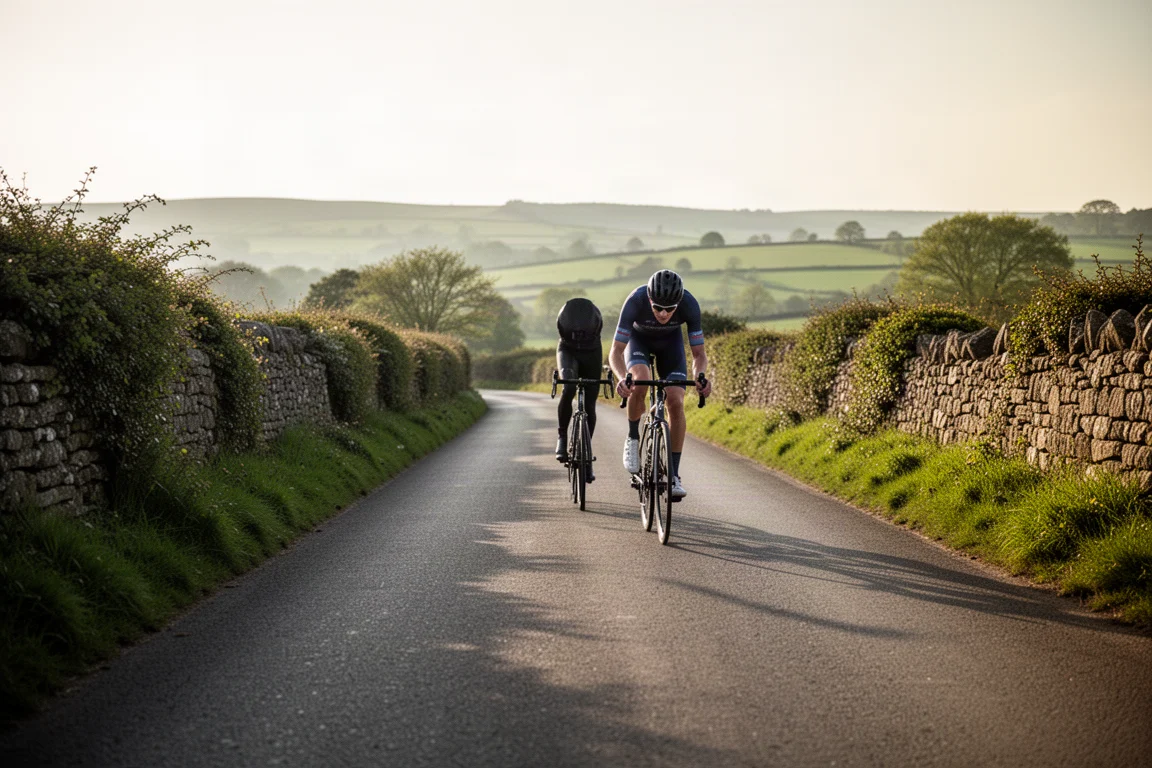 Cycliste sur route roulant sur une petite route de campagne tranquille par un après-midi dégagé