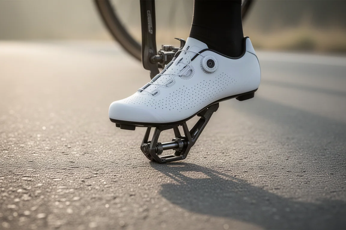 Scarpa da strada bianca che aggancia il pedale sull'asfalto aperto all'inizio di un'uscita