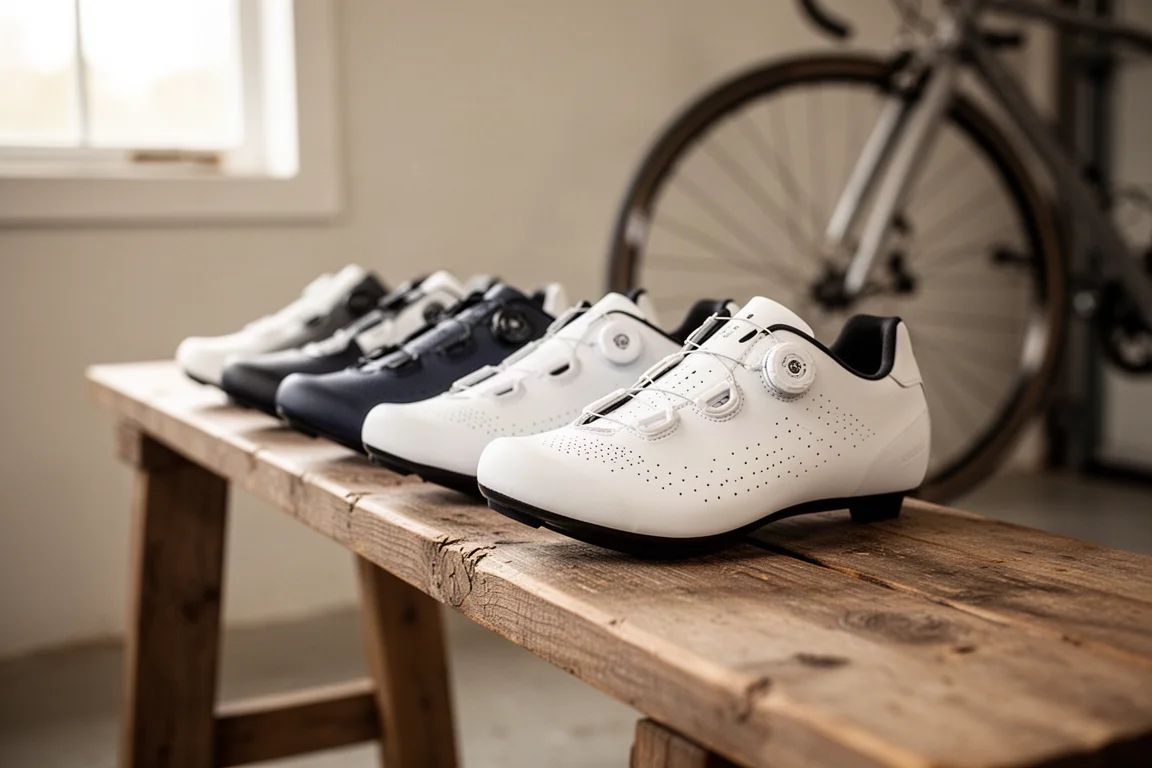 Fila di scarpe da strada bianche allineate su una panca di legno prima di un'uscita