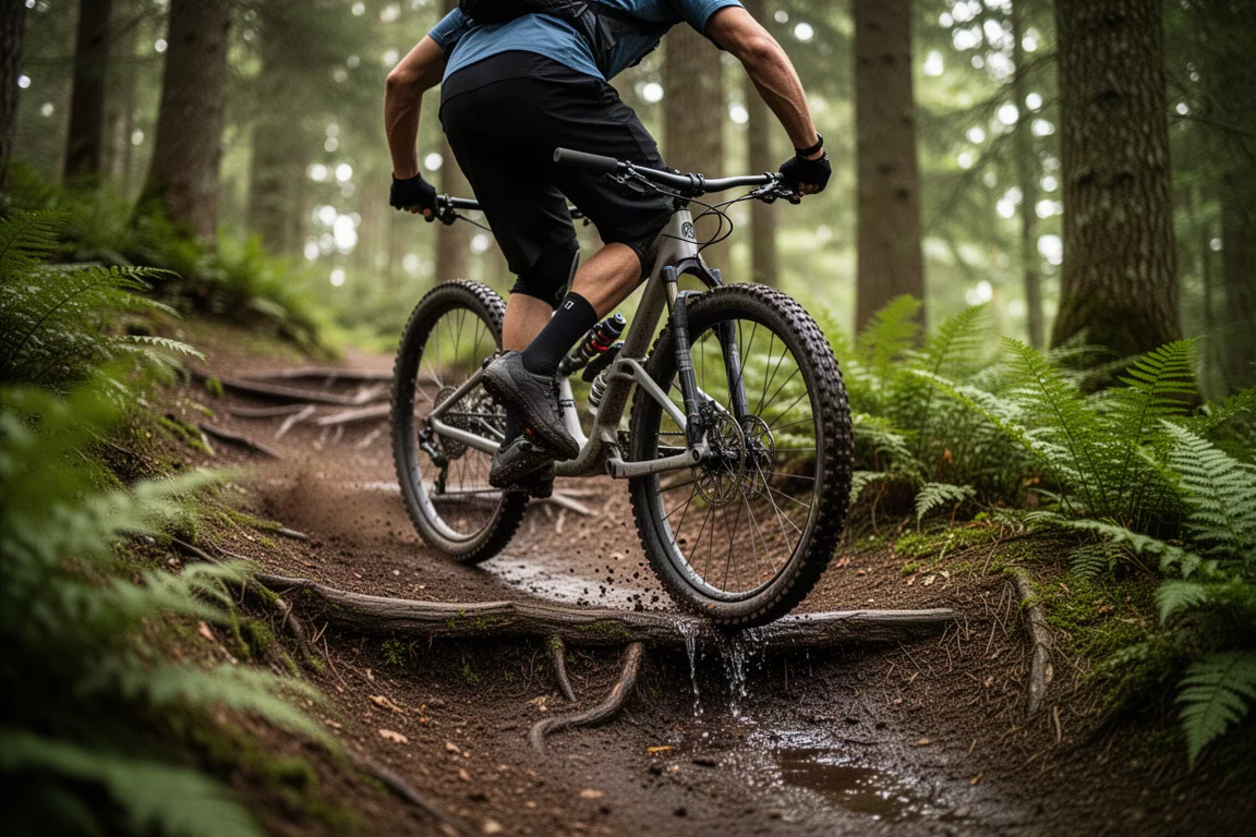 Mountainbikecyklist som klättrar på rotig skogsstig med bakdämparen som arbetar under belastning
