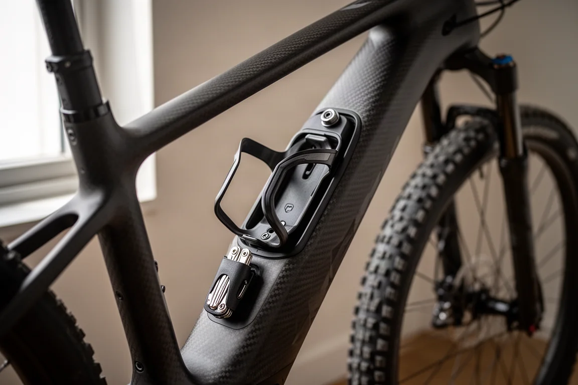 Närbild på förvaringsluckan i underröret på en kolfibermountainbike och flaskställ med multiverktyg
