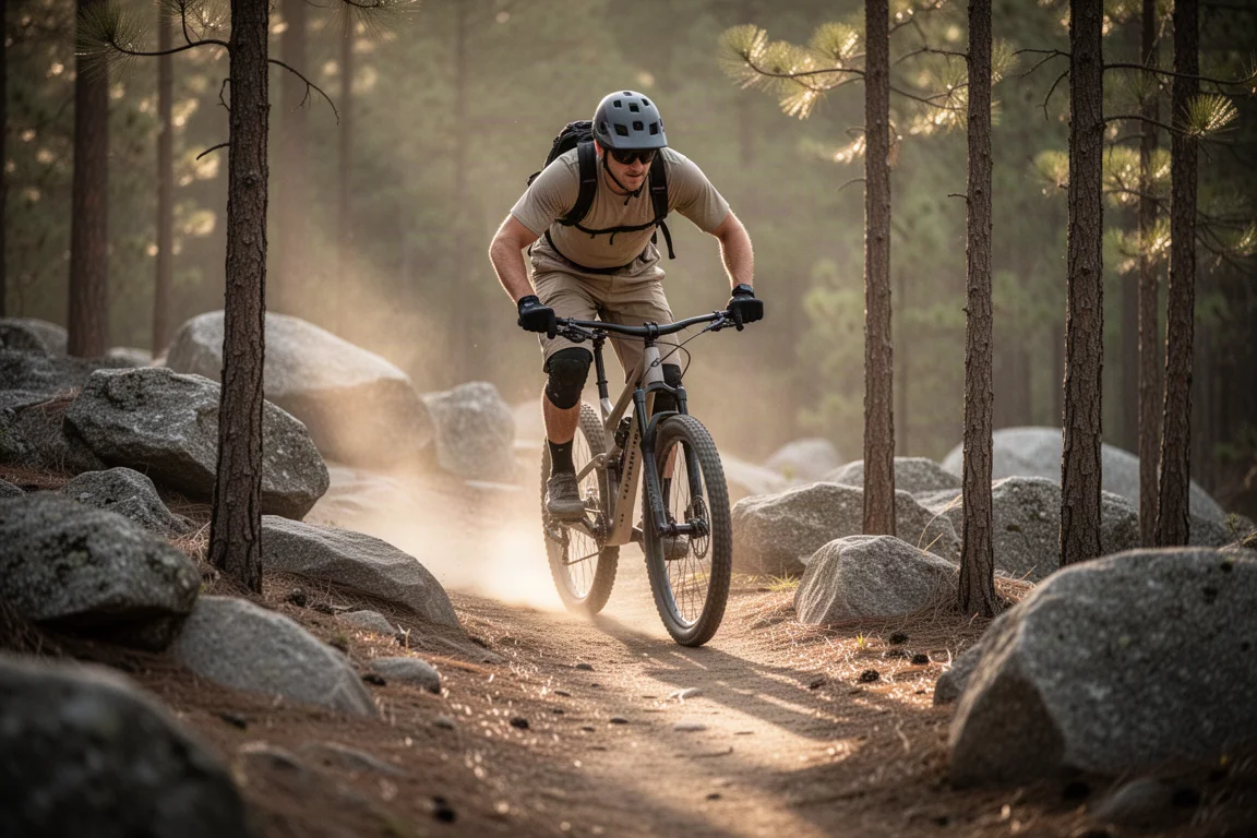 Trailcyklist som slingrar sig mellan stenar och träd på en flowig singletrack-sektion