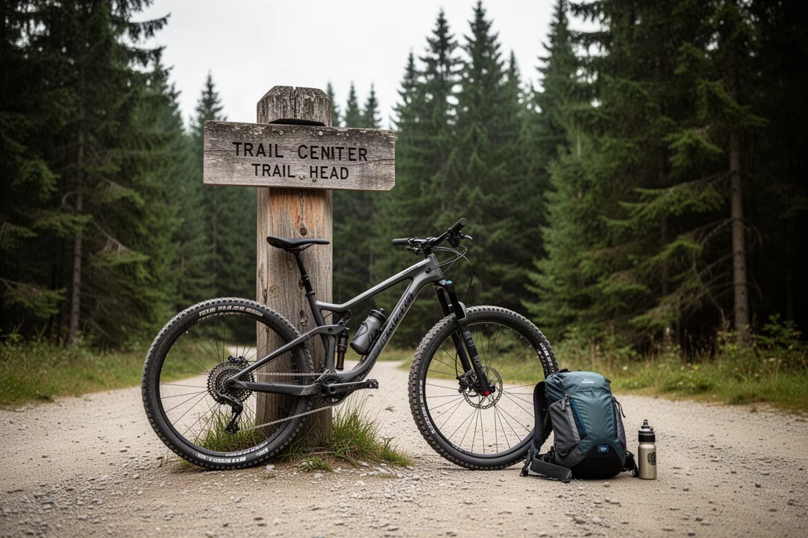 Mountainbike parkerad vid en ledcentrals startpunkt med en cyklist som förbereder sig för att ge sig av