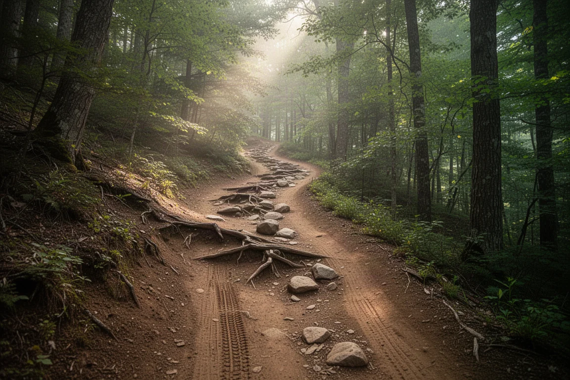 Sendero de subida forestal lleno de raíces que serpentea entre árboles verdes frondosos