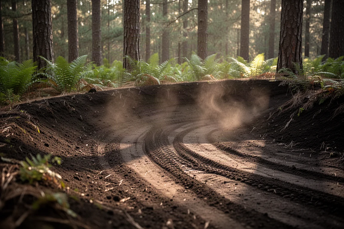 Curva peraltada de tierra en un sendero forestal con huellas de neumático recientes