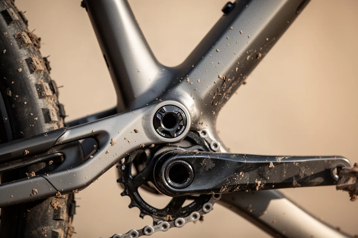 Primer plano de la unión del cuadro de una bicicleta de montaña, con el pivote y la zona de la biela