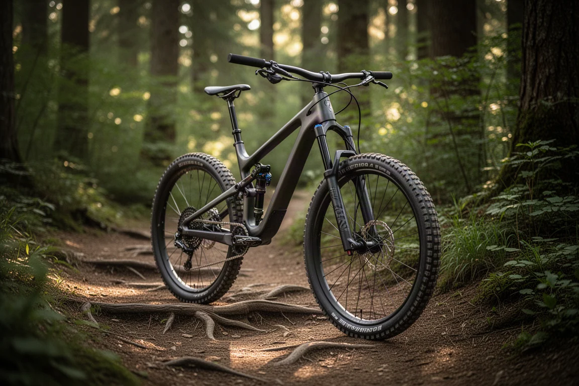 Bicicleta de montaña de suspensión completa aparcada en un sendero forestal con luz entre los árboles