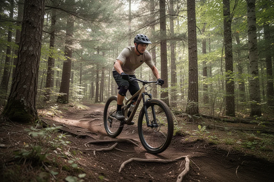 Mountainbikecyklist på singelspår med rötter genom blandskog i mjukt dagsljus