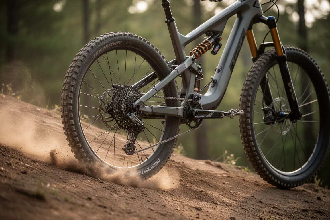 Fjädringen bak komprimeras när en terrängcykel stiger uppför ett brant dirtspår