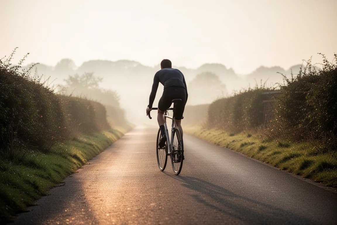 Wielrenner op een oudere racefiets met velgremmen op een lege landweg bij zonsopgang