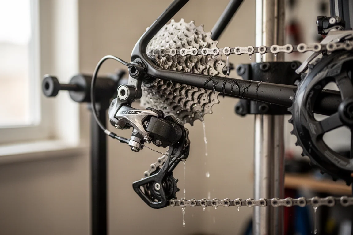 Close-up van een achterderailleur, ketting en cassette van een racefiets op een montagestandaard