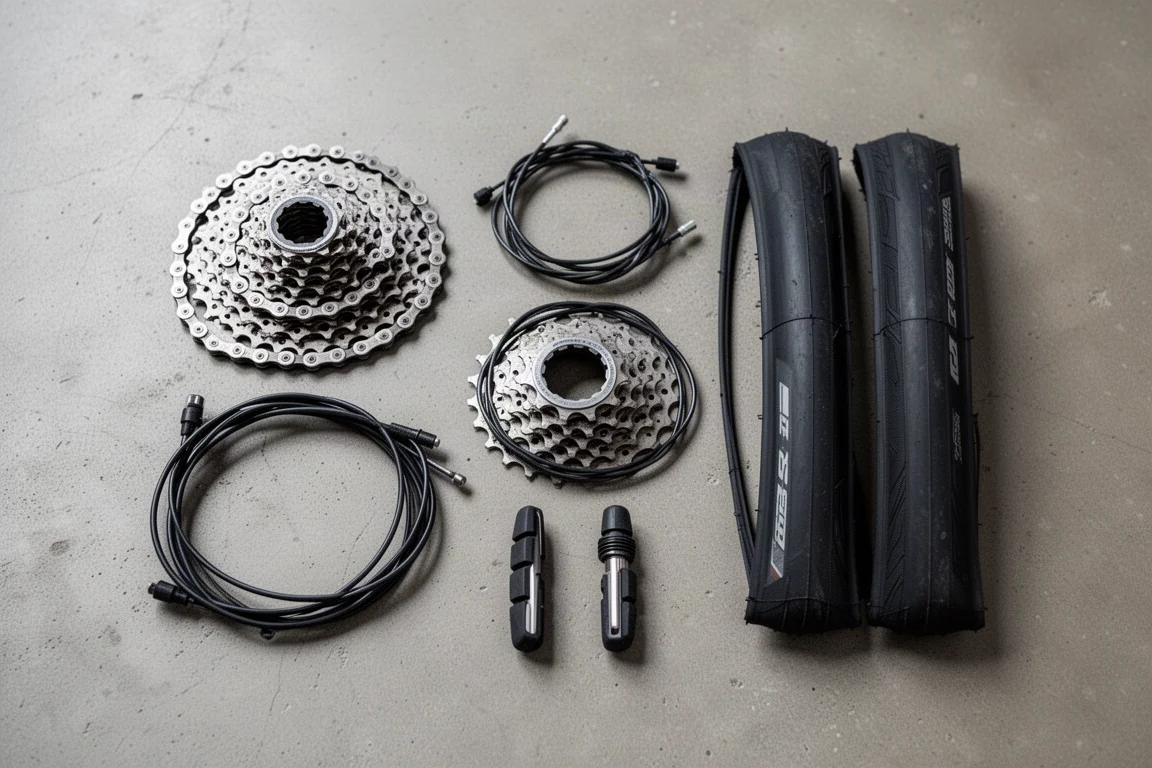 Van bovenaf gefotografeerde vervangende fietsonderdelen, waaronder ketting, cassette, kabels en banden