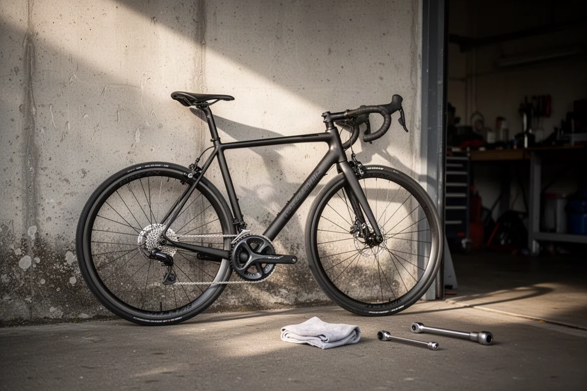 Racefiets met velgremmen tegen een betonnen muur buiten een werkplaats