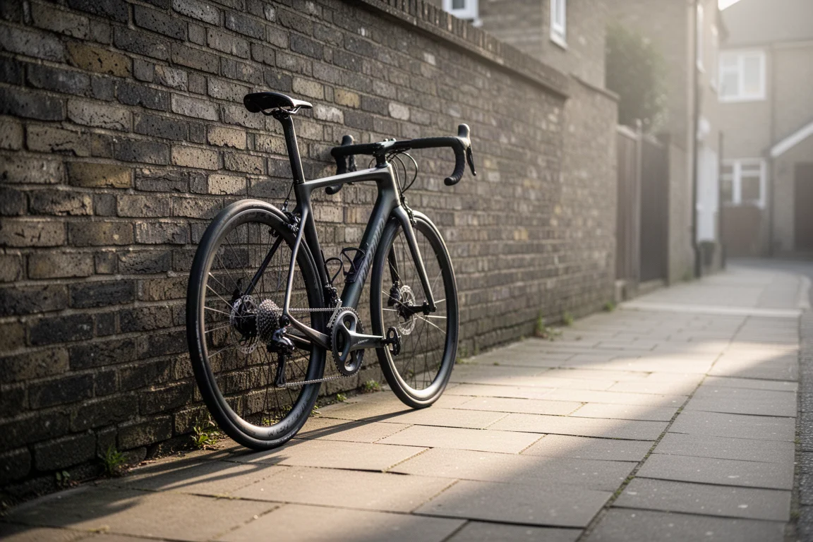 Radfahrer auf einem Carbon-Rennrad auf einer leeren Landstraße im Morgenlicht