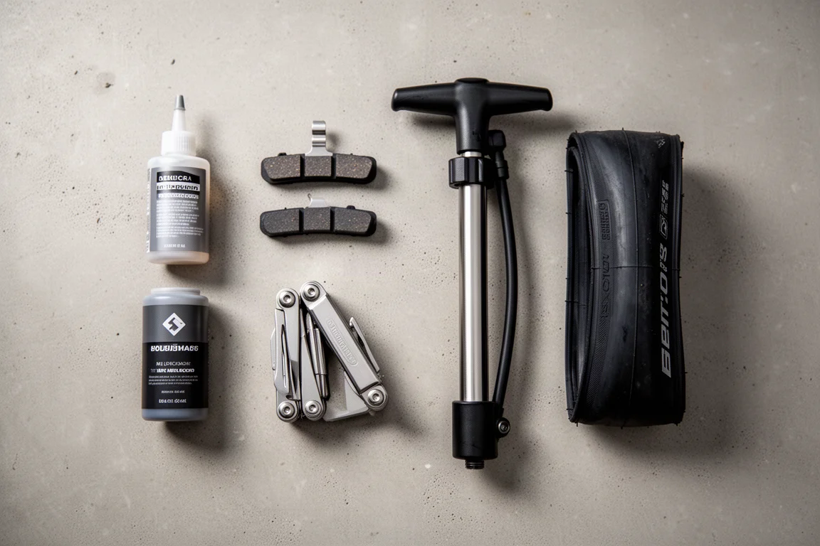 Flat Lay aus gebrauchten Rennradreifen, Kette, Kassette und Bremsbelägen auf Beton