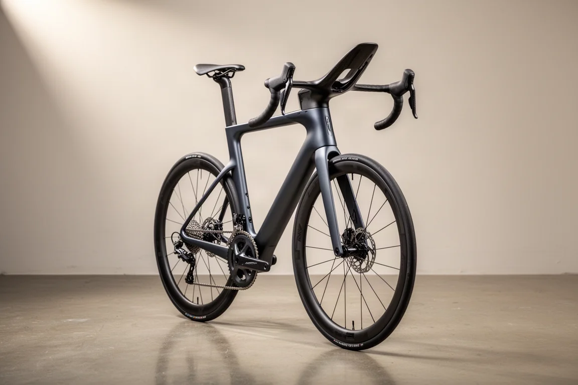 Carbon road race bike in profile on a pale grey studio backdrop