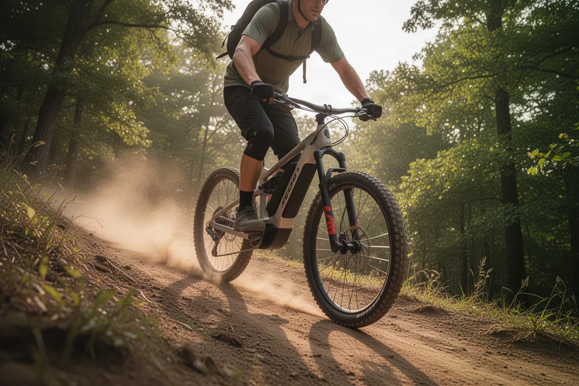 Fahrer treibt ein E-Mountainbike einen steilen, staubigen Schotteranstieg im Sommer hinauf