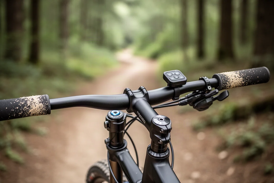Nahaufnahme einer Lenkerbedieneinheit und eines Vorbaus eines Mountainbikes mit unscharfem Trail dahinter