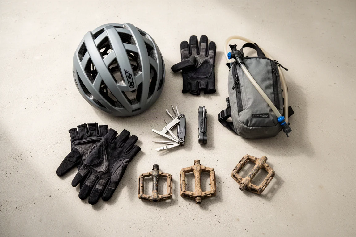 Aufsicht auf Mountainbike-Ausrüstung auf Beton, Helm, Handschuhe und Multitool