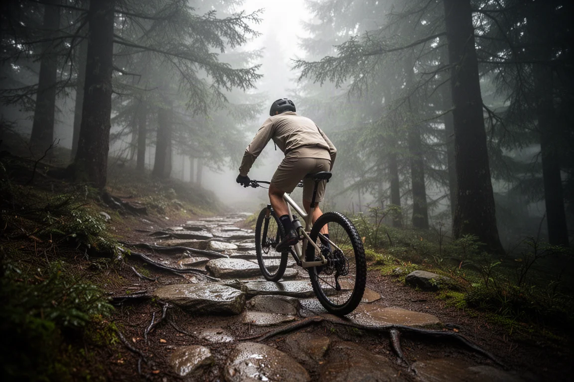 Mountainbikecyklist som klättrar uppför en brant skogsstig i mjukt morgonljus