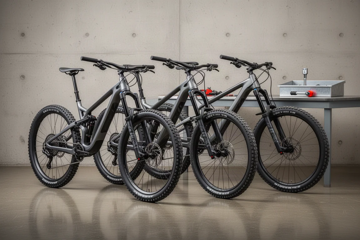 Två mountainbikes förvarade i en prydlig garageverkstad hemma