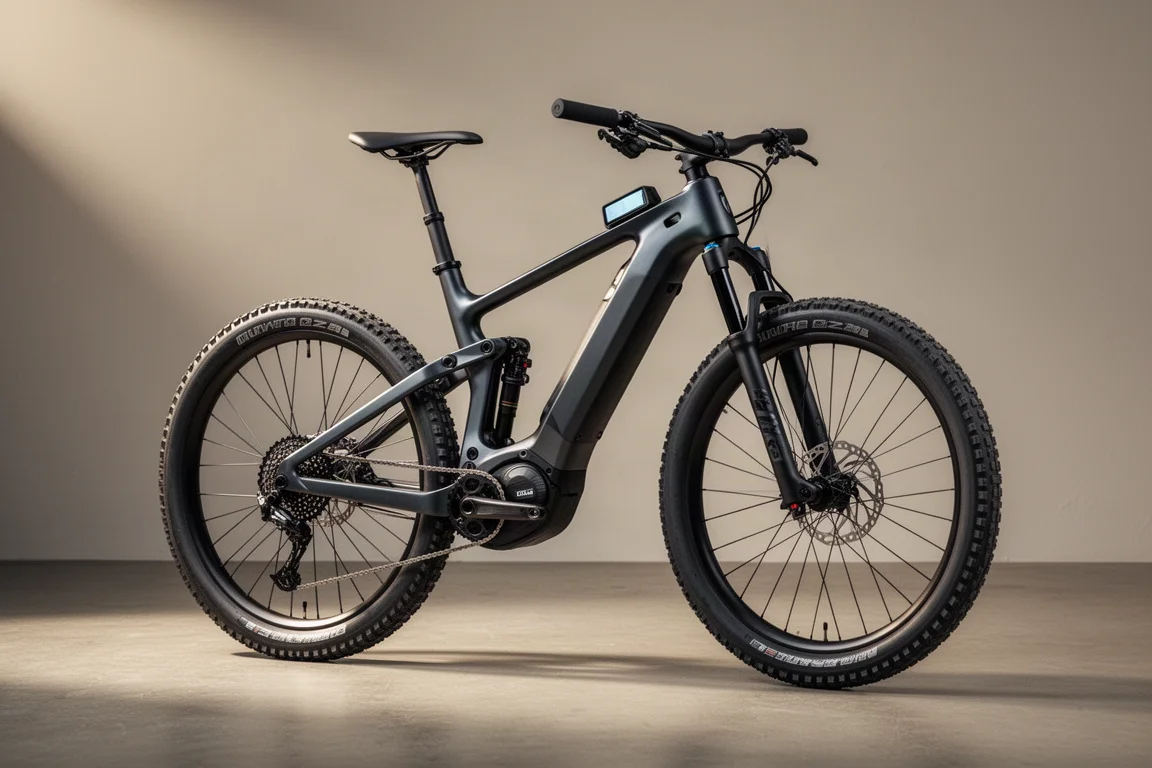 Vollgefedertes E-Mountainbike mit Carbonrahmen und gemischten Laufradgrößen auf einer Betonfläche
