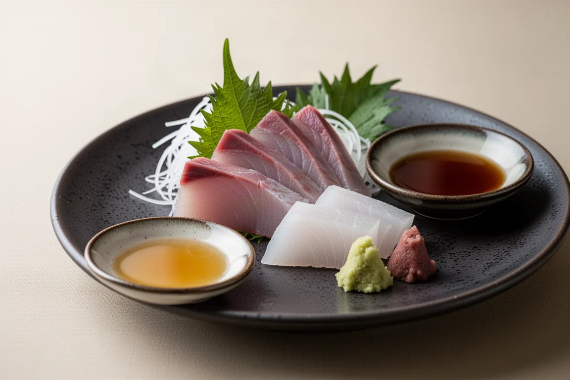 Sashimi platter with a small dish of pale soy sauce beside it
