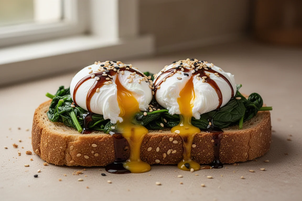 Soft poached eggs on toast finished with a drizzle of dark sauce