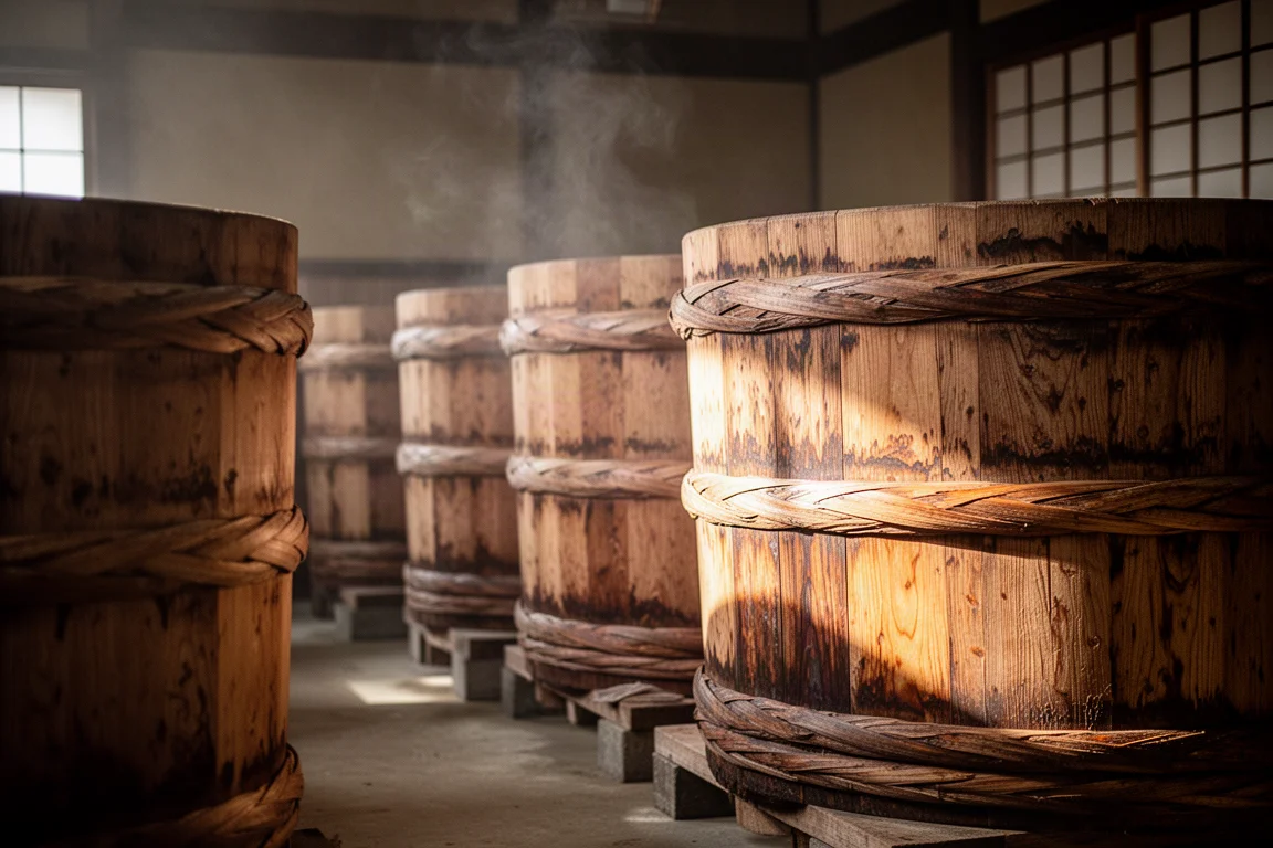 Cedar ageing barrels in a traditional Japanese brewery