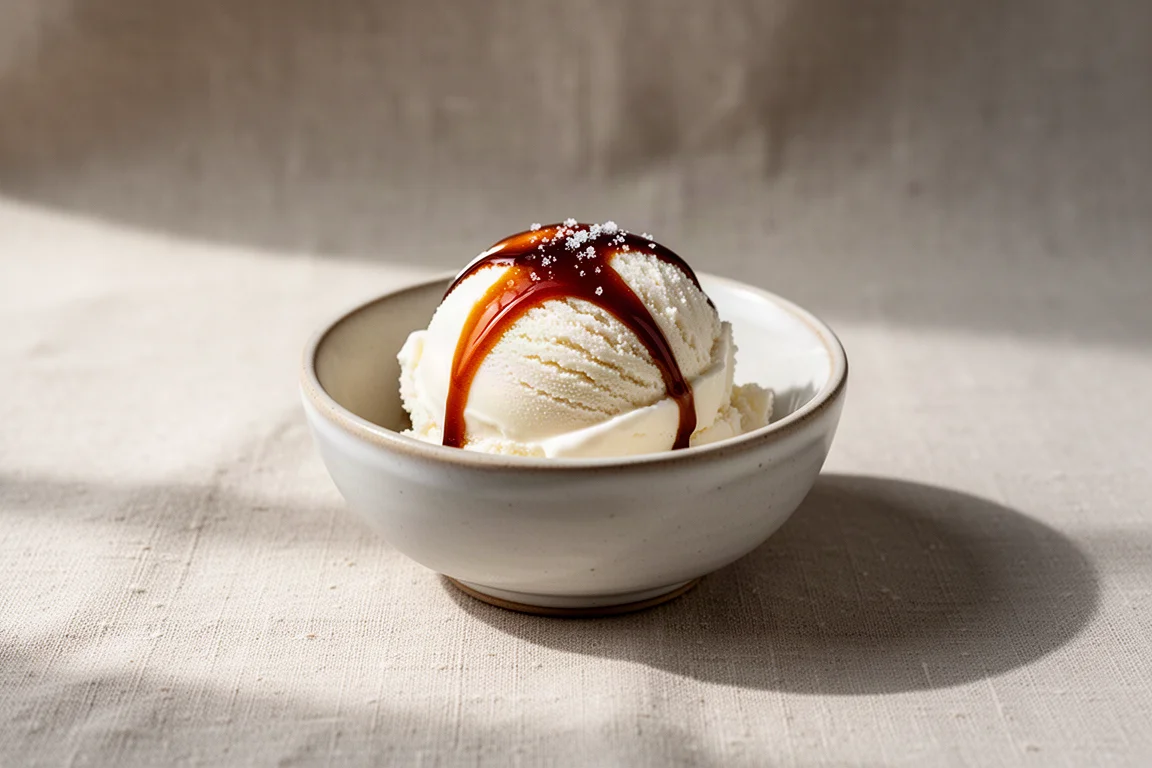 Vanilla ice cream with a thin drizzle of dark aged soy sauce