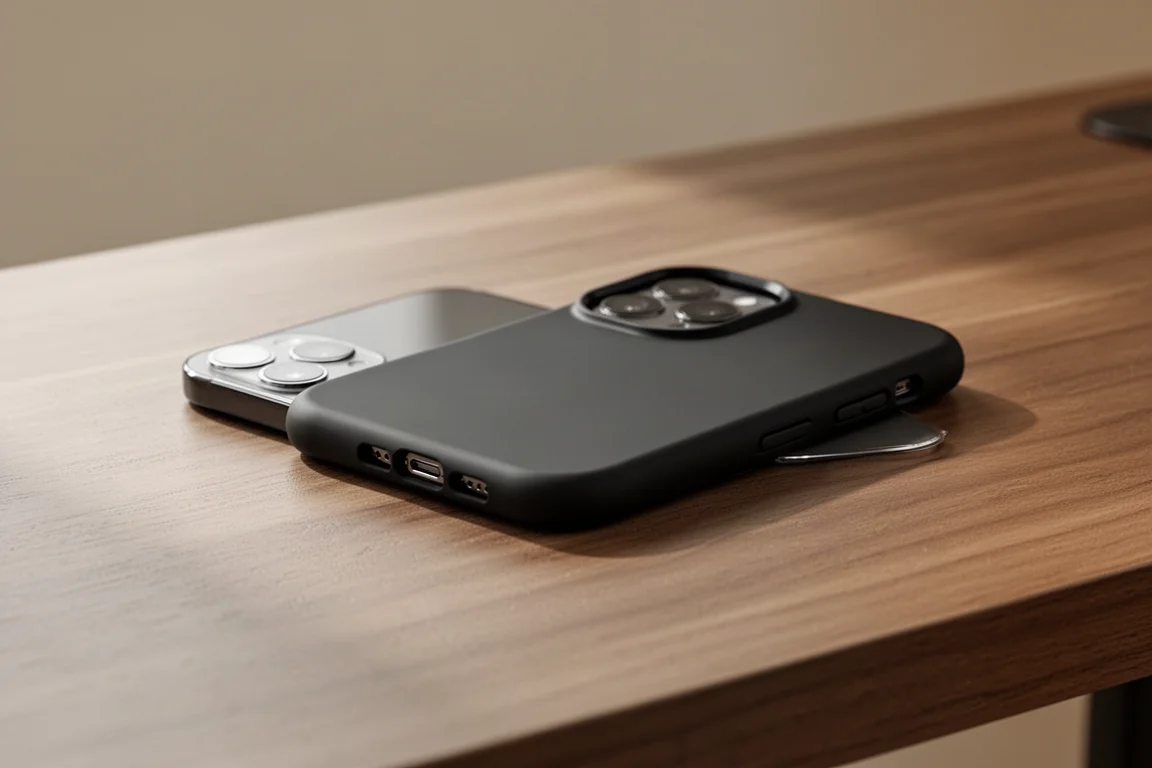 Smartphone in a protective case with a raised camera lip resting on a desk