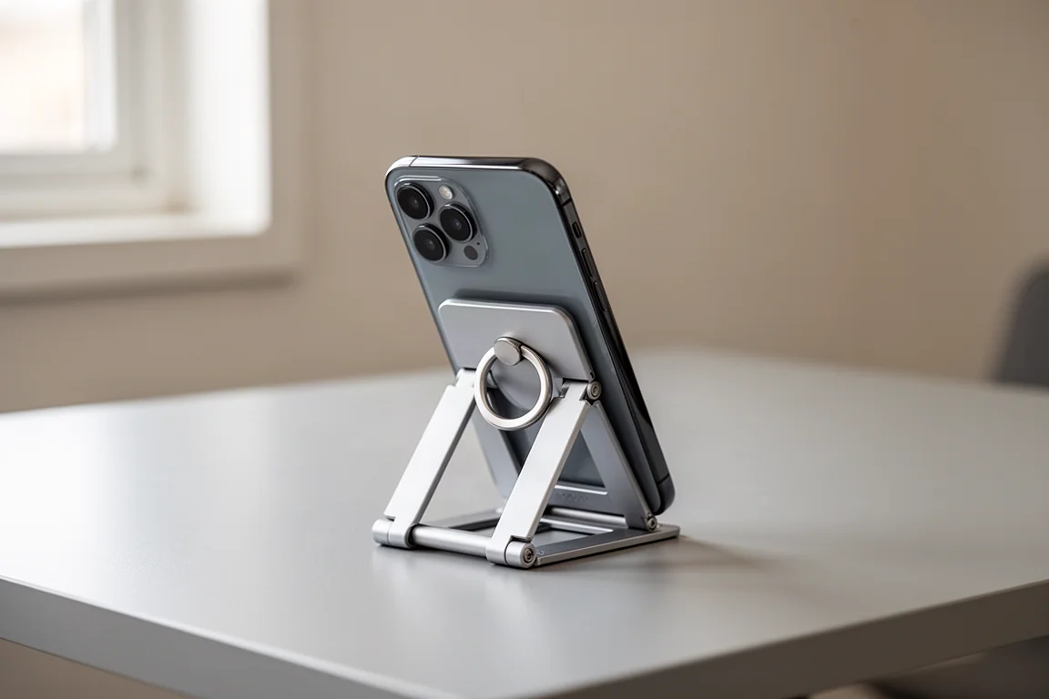 Smartphone propped on a folding viewing stand showing a video call angle