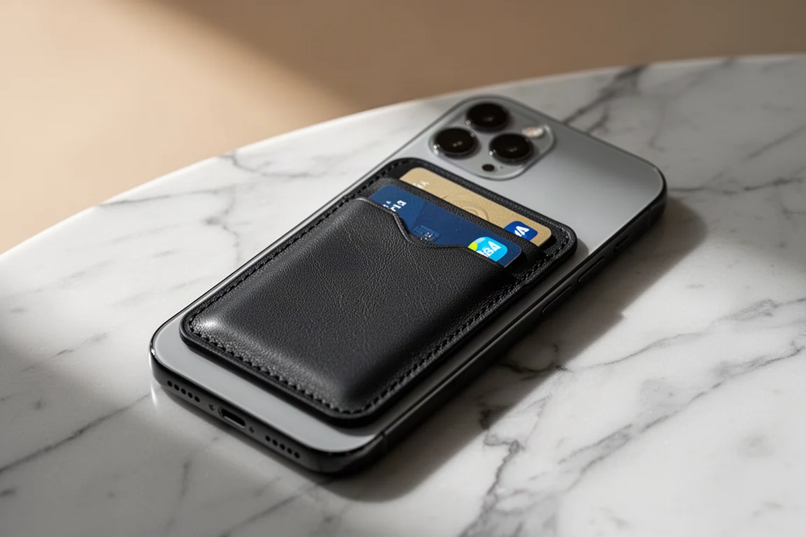 Magnetic card wallet attached to the back of a smartphone holding two cards