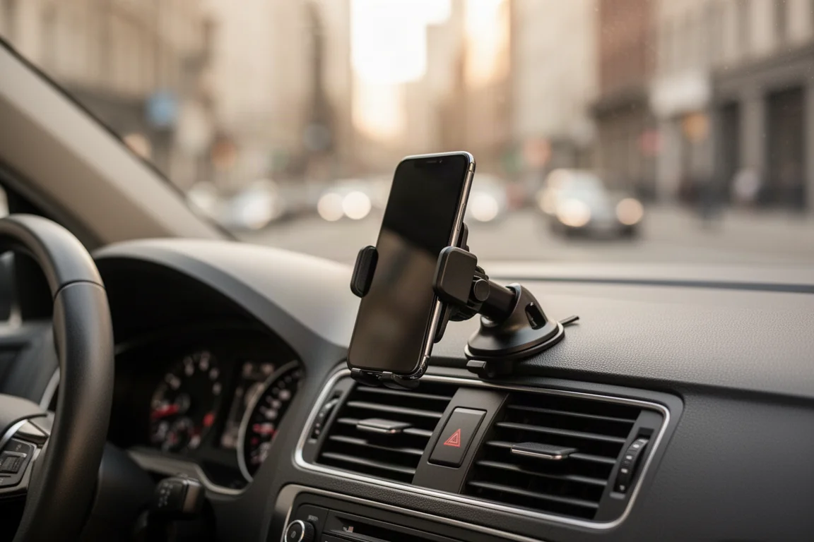 Smartphone mounted on a car dashboard vent mount during a drive