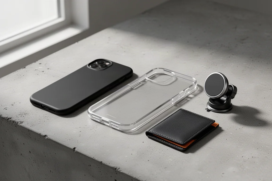Speck iPhone-Zubehör inklusive Hüllen, Brieftasche und Lüftungshalterung auf einer Betonfläche arrangiert
