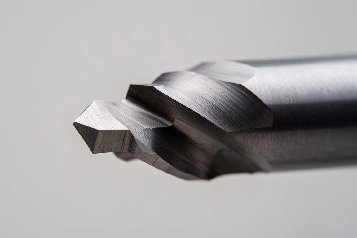 Step point drill bit tip showing graduated step geometry in close detail