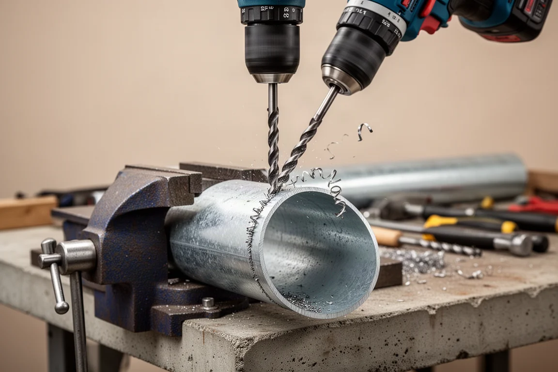 Drill bit cutting into a curved galvanized pipe surface held in a bench vise