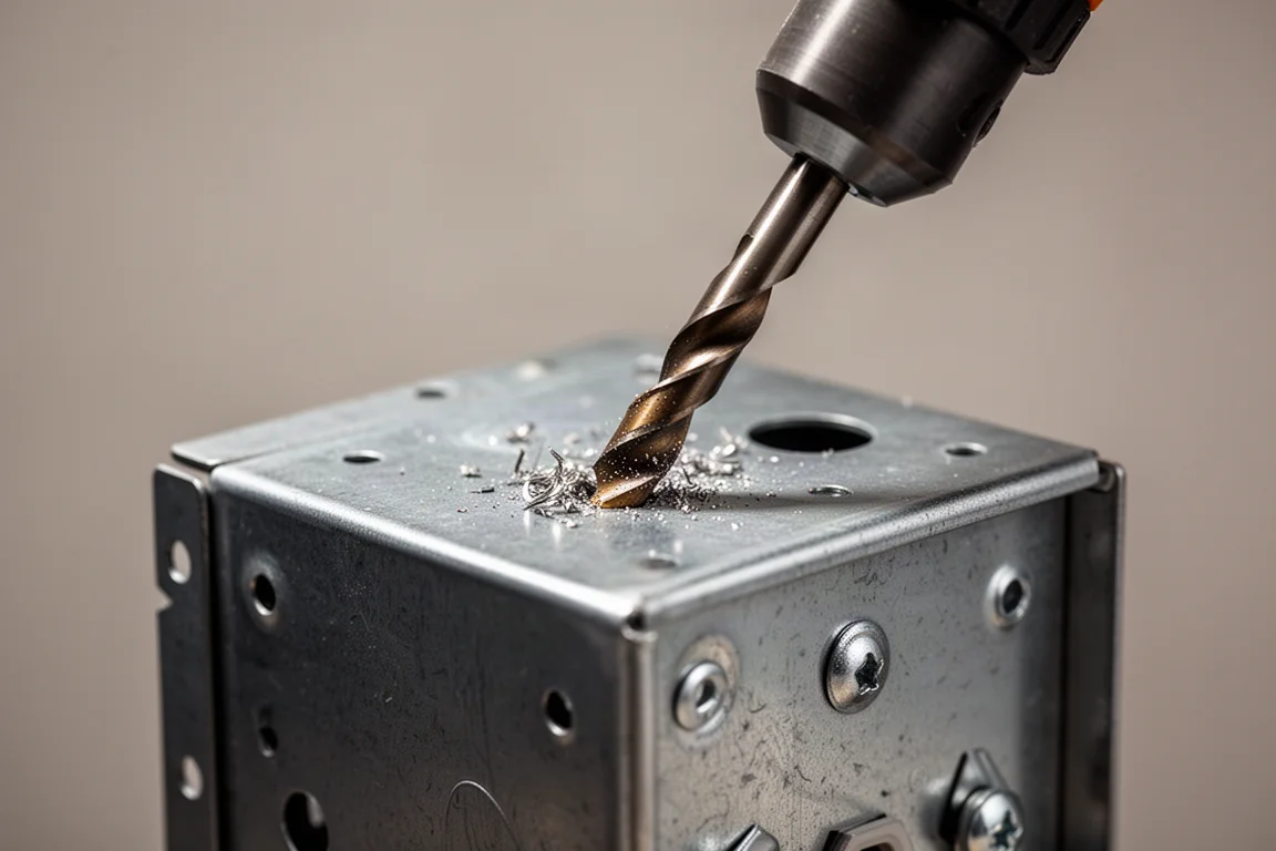 Step point drill bit starting a clean hole at an angle on a steel plate