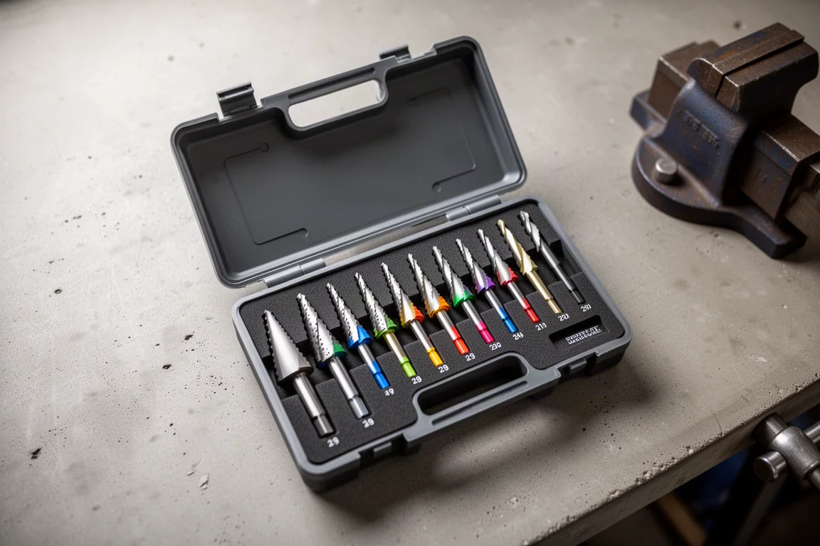 Open 29-piece step drill bit set case with color-coded bits arranged in size order