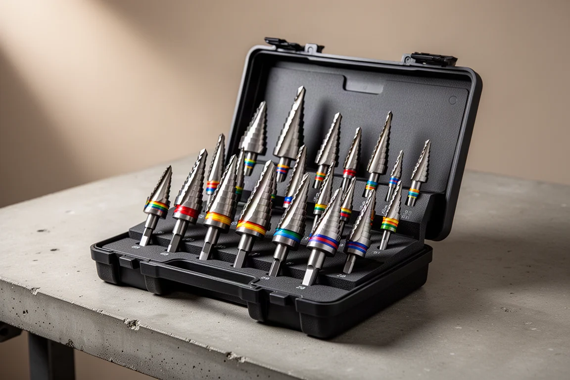 Open 29-piece step drill bit set case with color-coded high-speed steel bits