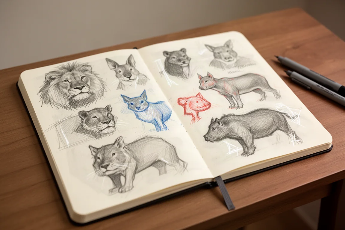 素描簿內頁畫有多幅鉛筆與麥克筆的小型動物速寫