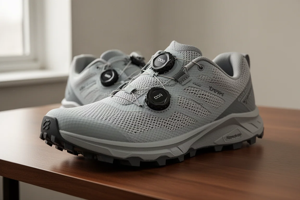 Zapatilla de trail running con sistema de cierre BOA sobre una superficie de madera
