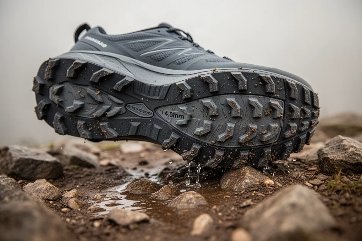 Suela de goma Michelin con tacos de 4.5mm agarrándose a un sendero rocoso