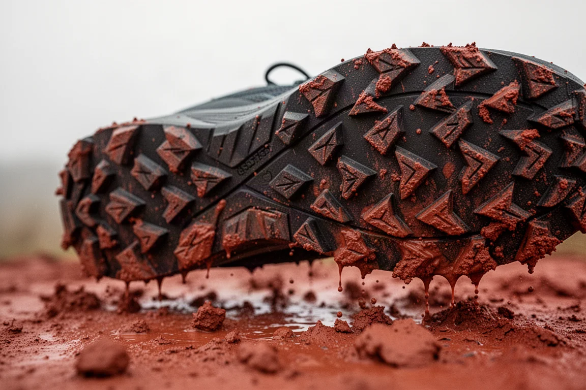 Gros plan sur une semelle extérieure crantée à crampons de chaussure de trail enfoncée dans de l'argile rouge boueuse