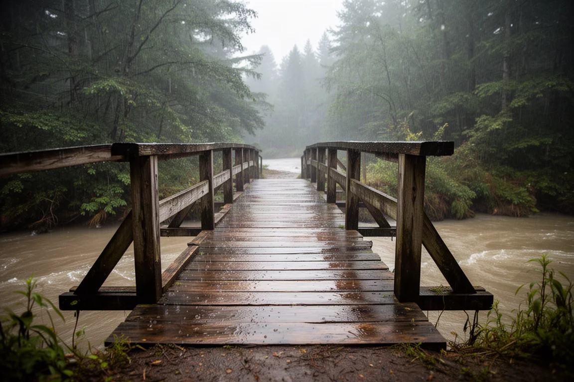 Passerelle en bois mouillée au-dessus d'un ruisseau gonflé sous une pluie fine