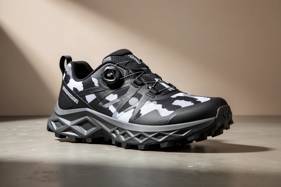 Black and grey camo trail running shoe with chunky lugs and BOA dial on concrete
