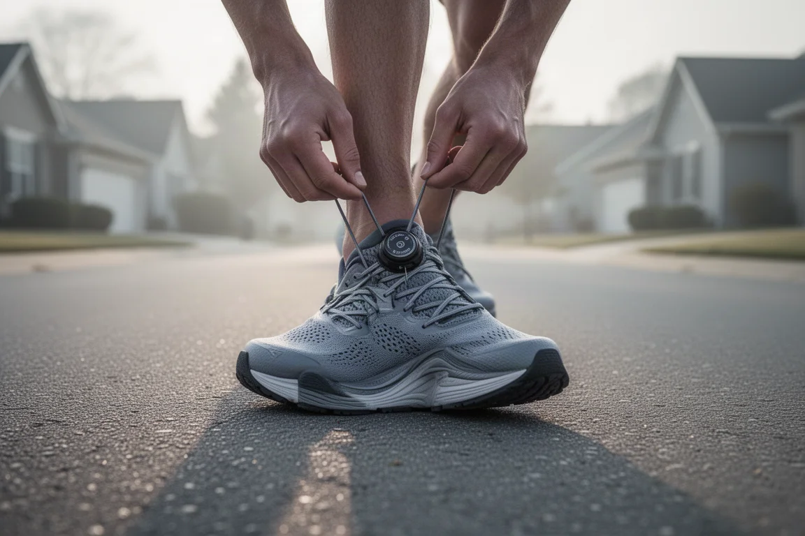 Runner lacing a thick-soled road shoe on a suburban sidewalk in early morning light