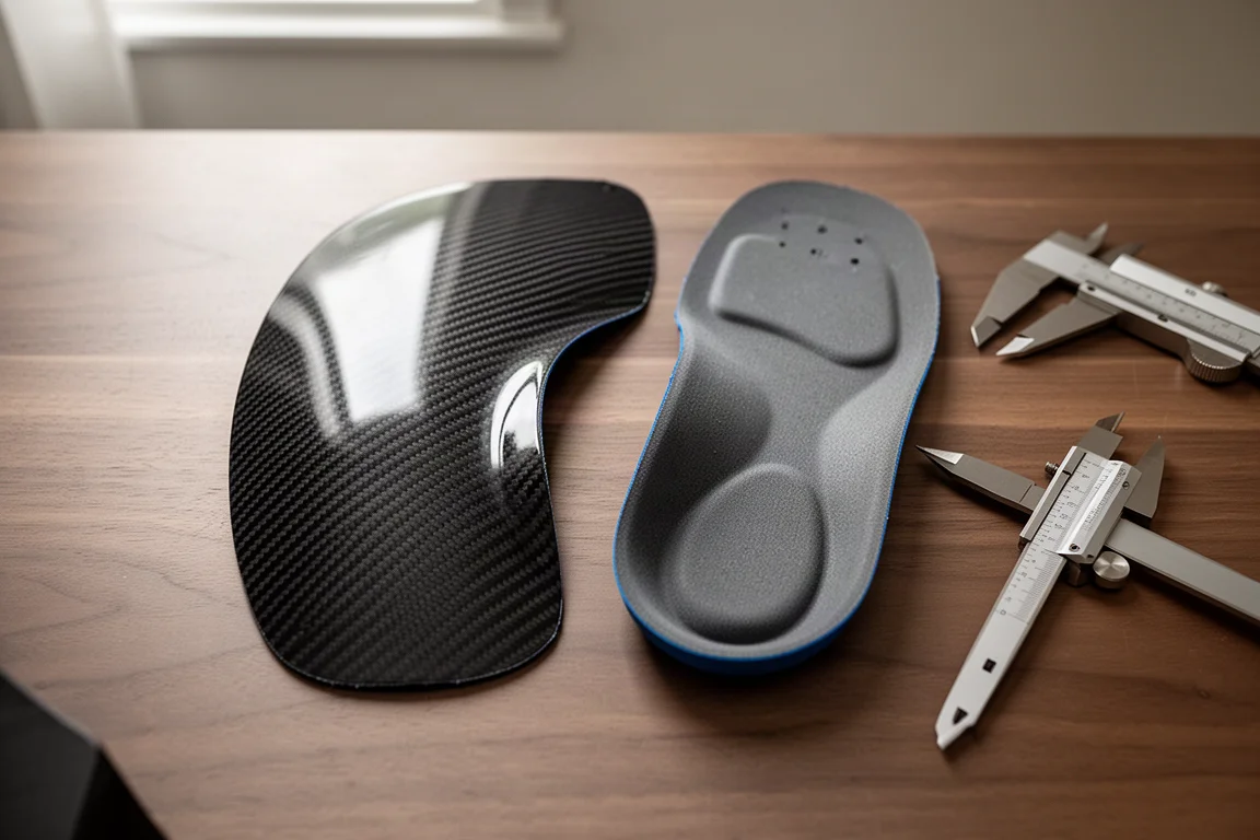 Removable carbon fiber plate held beside a thick drop-in insole on a wooden desk