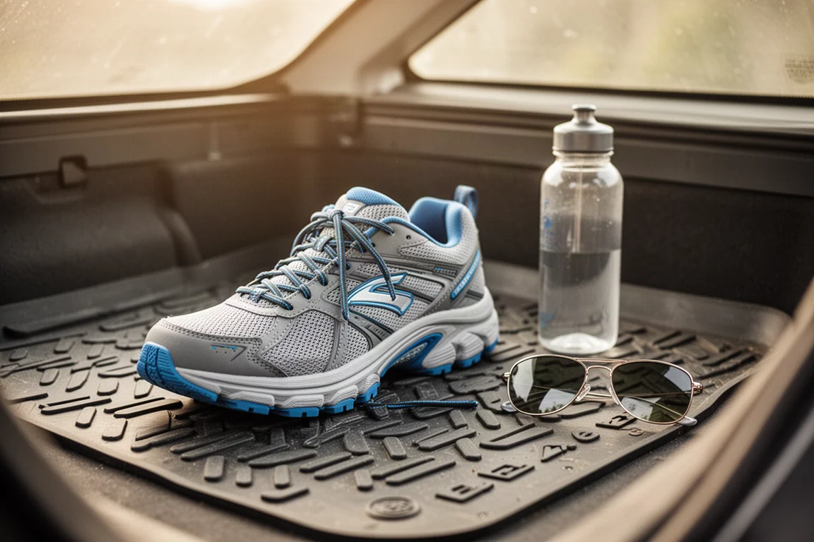 Big-soled running shoe resting on a car floor mat after a hot summer run