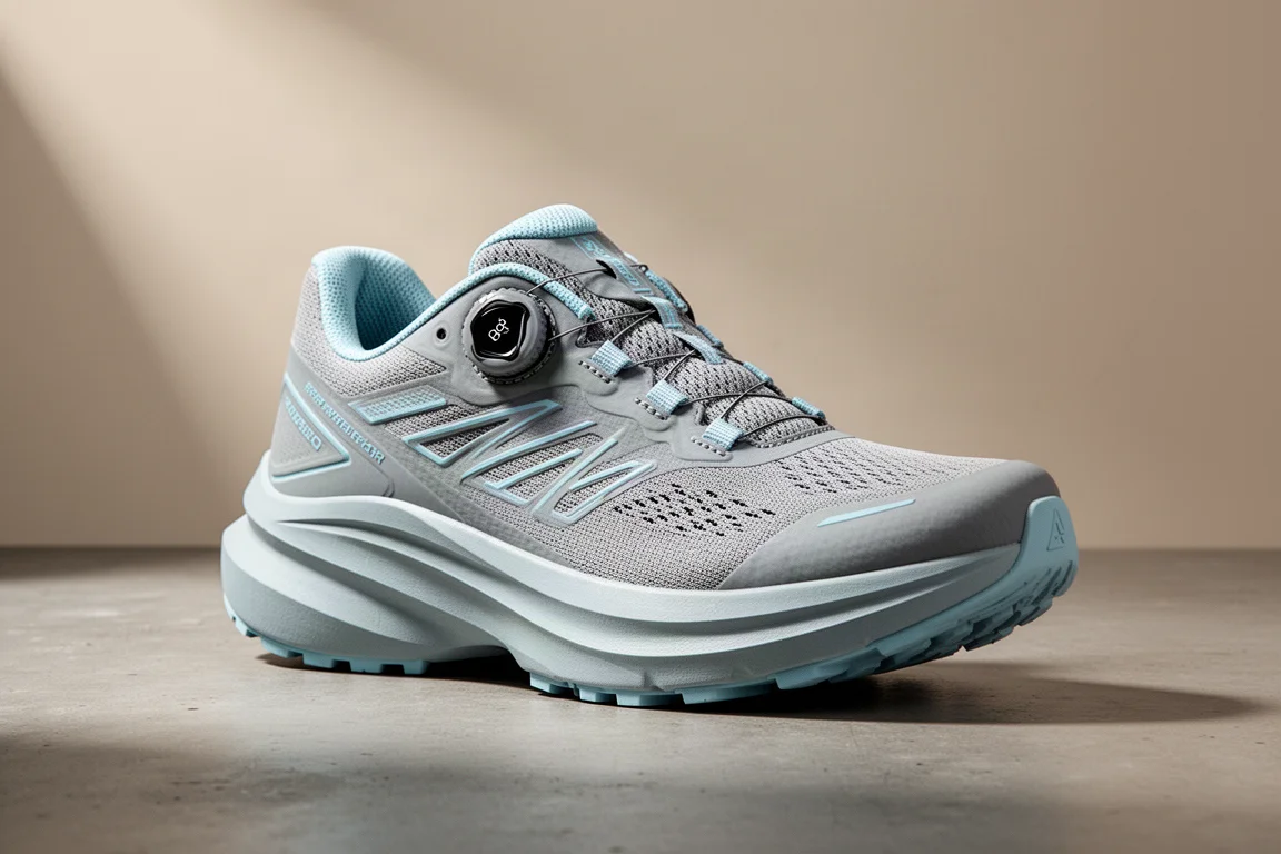 Grey and blue max-cushion road running shoe with Boa dial on concrete surface